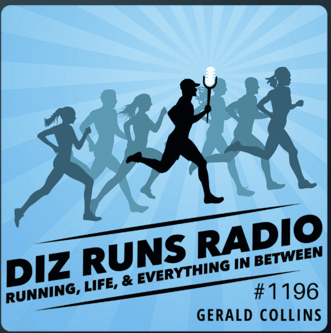 Motivational running podcast cover featuring silhouettes of runners and a microphone, emphasizing pe.